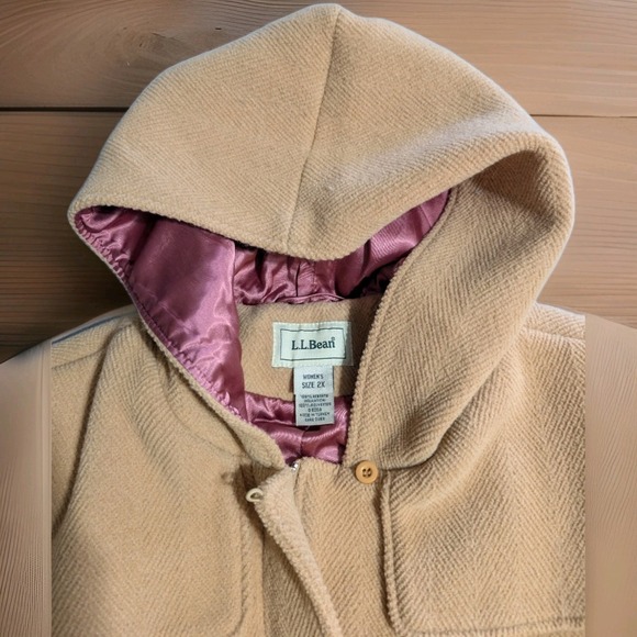 LL Bean Wool Toggle Duffle Coat Womens 2X Hooded Tan Beige Winter Jacket - Picture 4 of 10